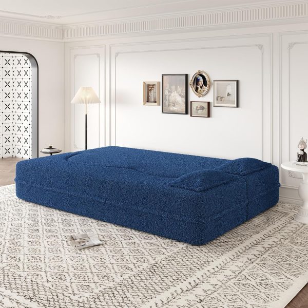 78"W Convertible Folding Sofa Bed, Teddy Full Size Futon Loveseat Sleeper Couch Bed with Pillows, Lounge Floor Sofa Folding Mattress, Compression Foam Boneless Couch for Living...