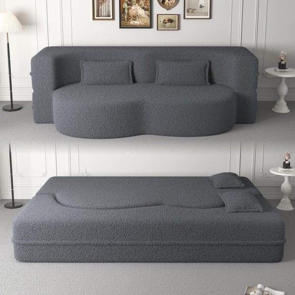 78"W Convertible Folding Sofa Bed, Teddy Full Size Futon Loveseat Sleeper Couch Bed with Pillows, Lounge Floor Sofa Folding Mattress, Compression Foam Boneless Couch for Living...