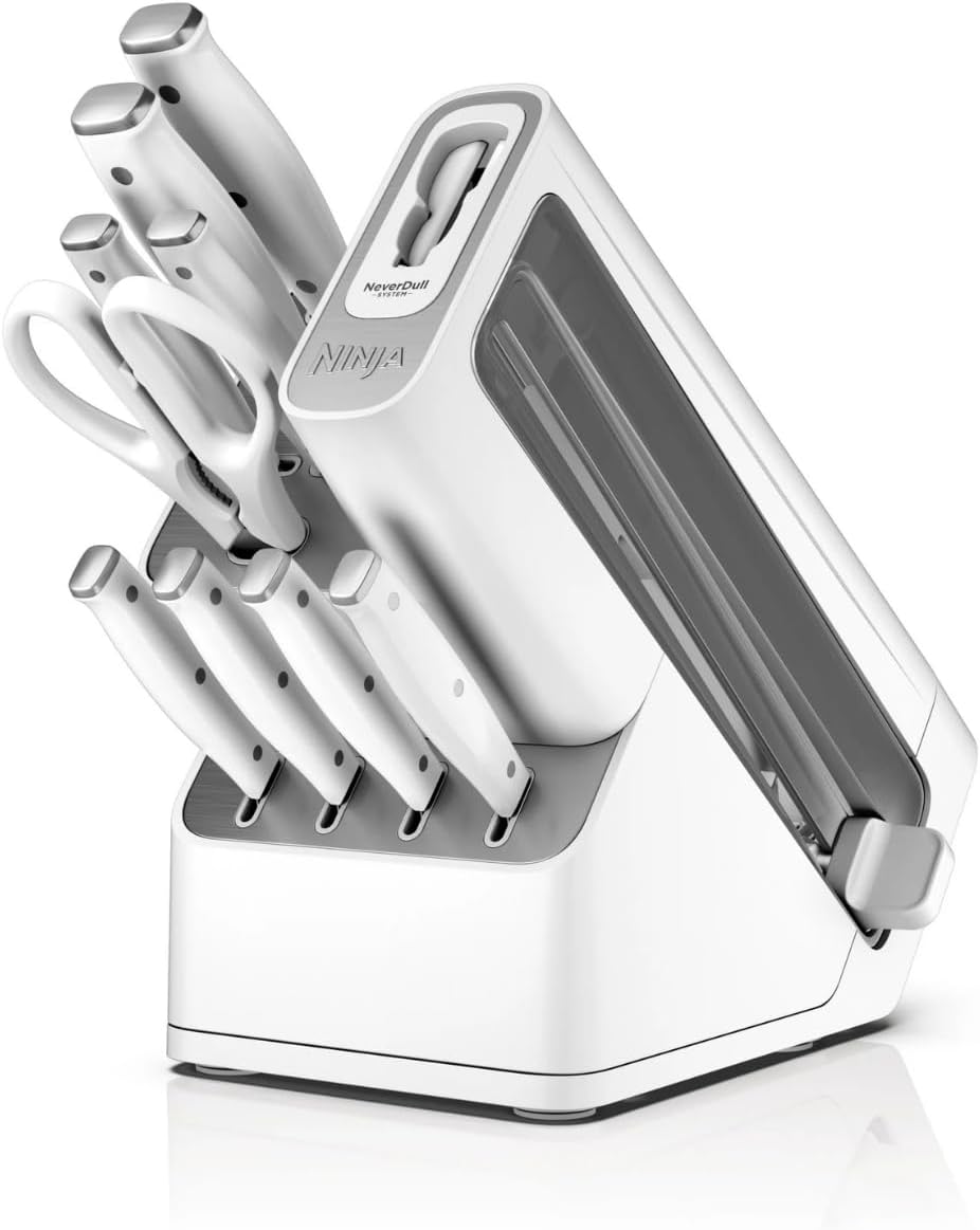 Ninja Foodi NeverDull Knife Set K12010, High Carbon Stainless Steel, Built-In Sharpener, Ergonomic Handle, Durable 10pc Kitchen Knife Block Set (White)