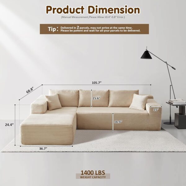 ovios 104" Cloud Sectional Couch with L-Shape Chaise,Modern Modular Sofa with Deep Seat, Upholstered Couches for Living Room Bedroom,No Assembly Required, Beige (Plush Corduroy...