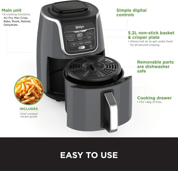 Summer Final Clearance Just AED 99د.إ:Ninja Air Fryer Max Xl, Max Crisp, Air Roast, Bake, Reheat, Dehydrate, 5.2 Liters, 1750 Watts, Grey and Black, AF160ME, 2 Years Warranty